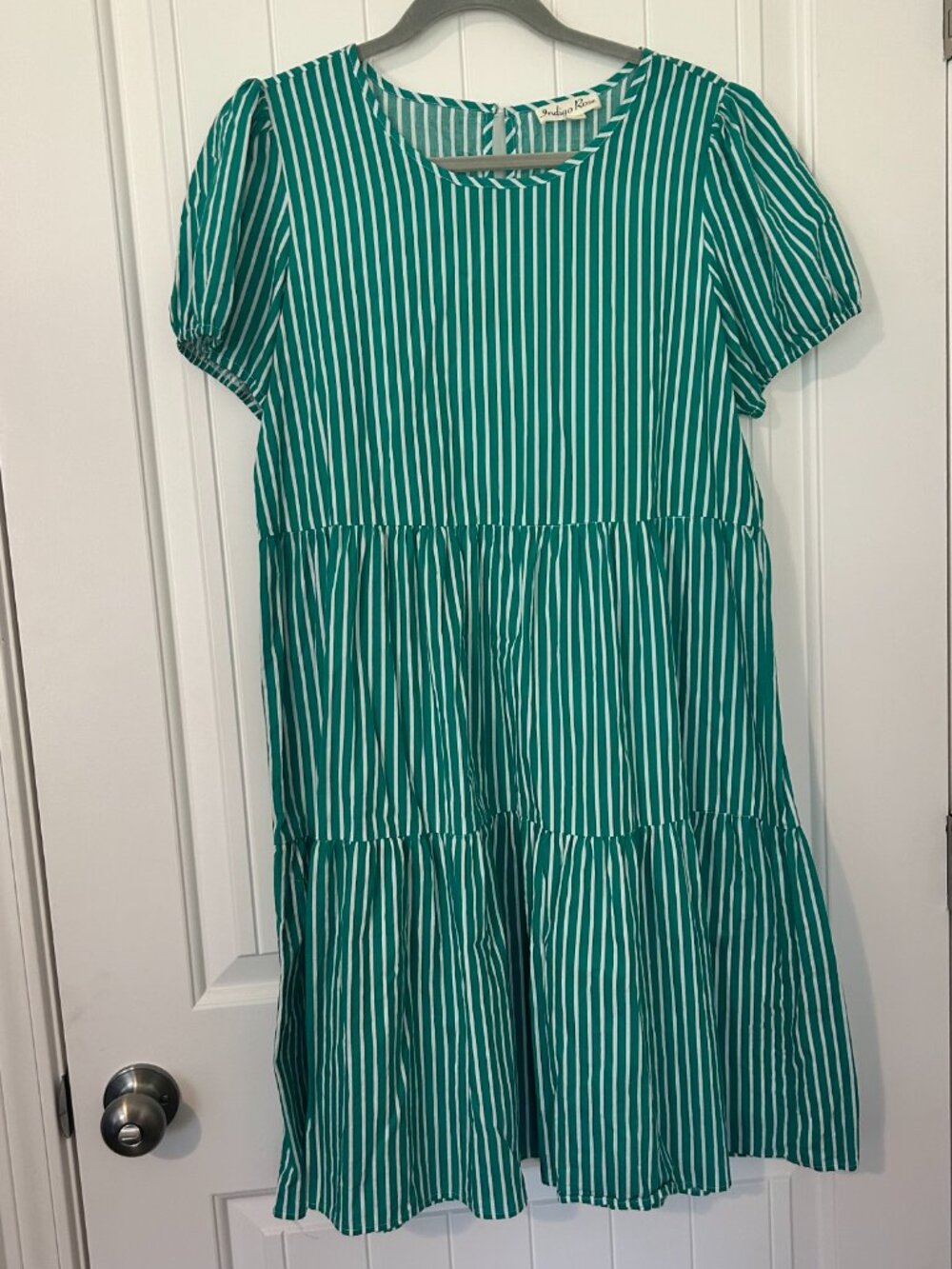 Indigo Rose Babydoll Dress Women Large Teal Green Striped Country Cottage Tiered